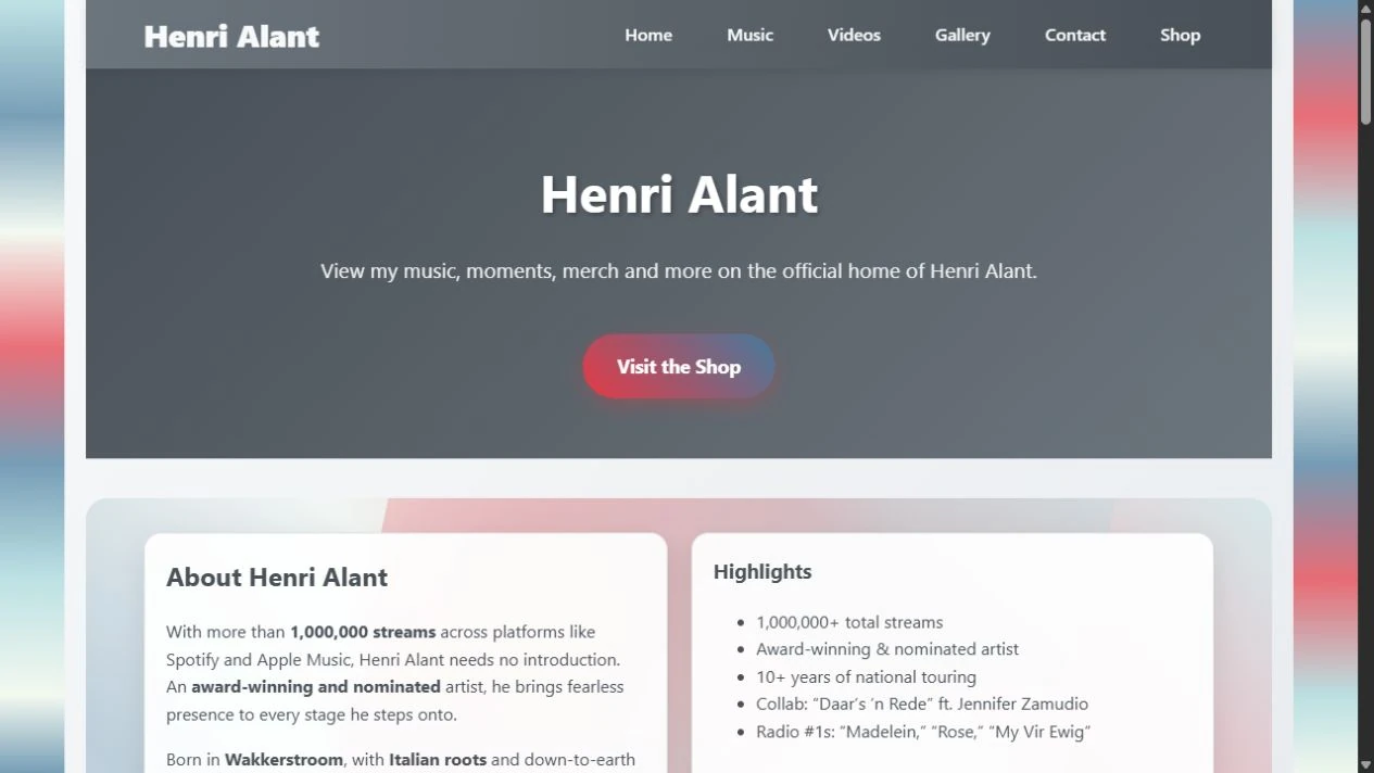 Henri Alant official website homepage with music, videos, gallery, contact and shop navigation.