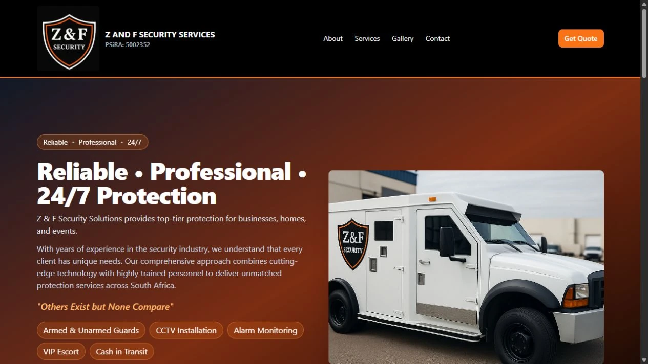 Z and F Security Services website, featuring its logo, protection services and branded vehicle.